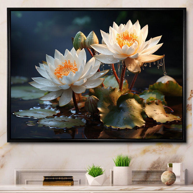 «White Yellow Lotus Field I» sur toile, H 12 po x l 20 po x P 1 po, Cadre flottant noir