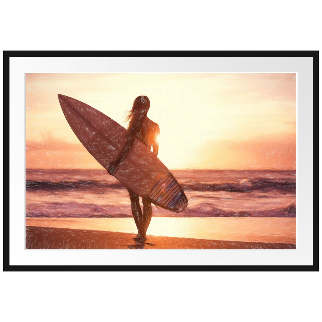 Gerahmtes Poster Surferin vor Sonnenuntergang