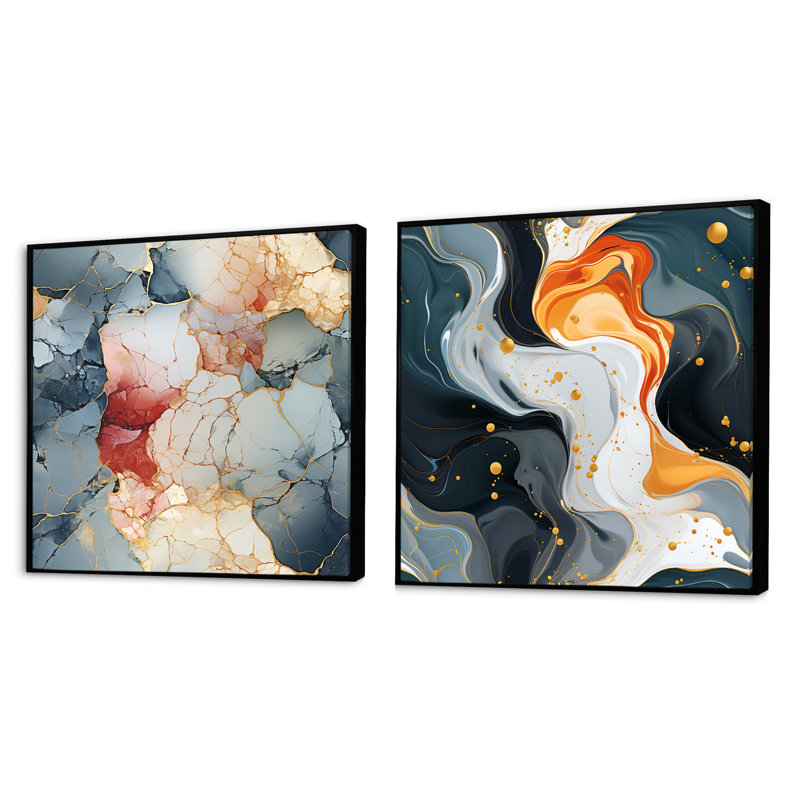 Lamorteau - Ensemble de 2 collages abstraits carrés, Cadre flottant noir, H 36 po x l 73 po
