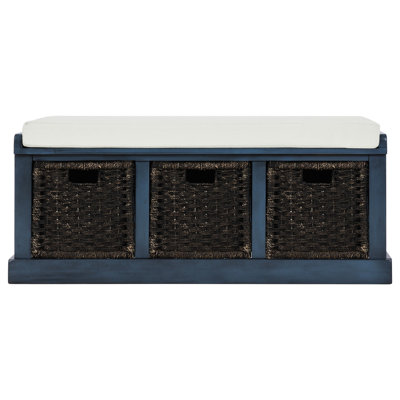 Rustic Storage Bench With 3 Removable Classic Rattan Basket , Entryway Bench With Removable Cushion