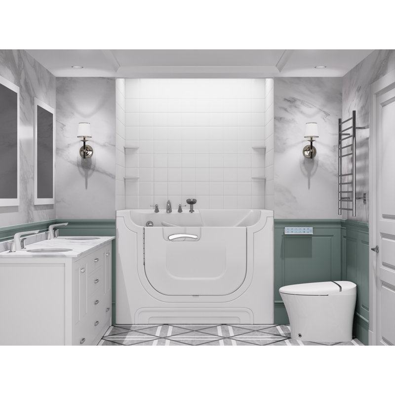 Baignoire à jets d'air à drain à gauche de 30 po x 60 po en blanc avec ensemble de douche à carreaux 6 po Tub'n Wall Series