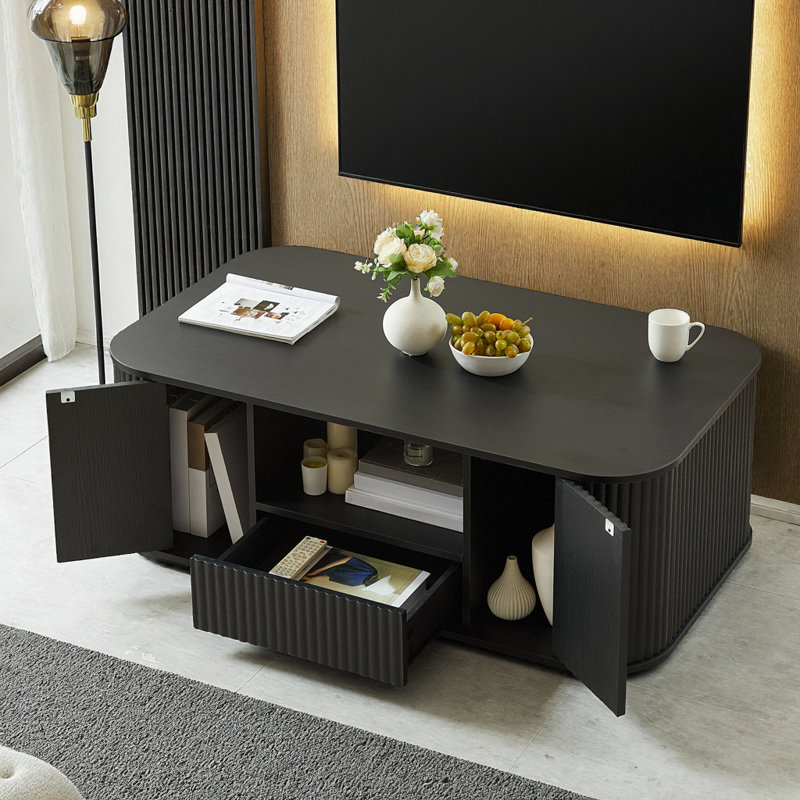 Table basse ovale de luxe moderne avec tiroirs et rangement, conception courbée pour les salons et les bureaux, Noir