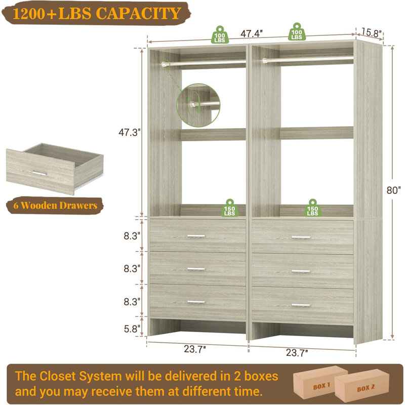 4ft Closet System with Wooden Drawers, White Oak