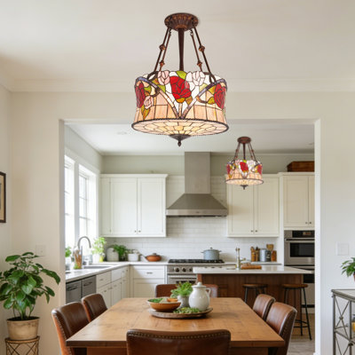 5 Light Dimmable Vintage Stained Glass Semi-Flush Mount Ceiling Light, Handcrafted Rose Floral Drum Pendant Lighting Fixture