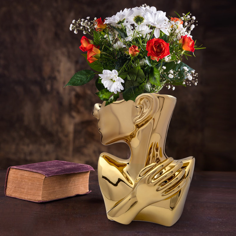 Gold Glazed Ceramic Face Bust Statue Vase, Artistic Planter for Home Office Tabletop Display
