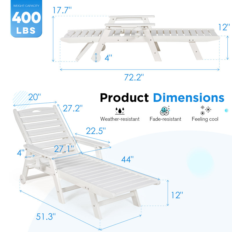 Chaise longue d'extérieur inclinable en PEHD , Blanc