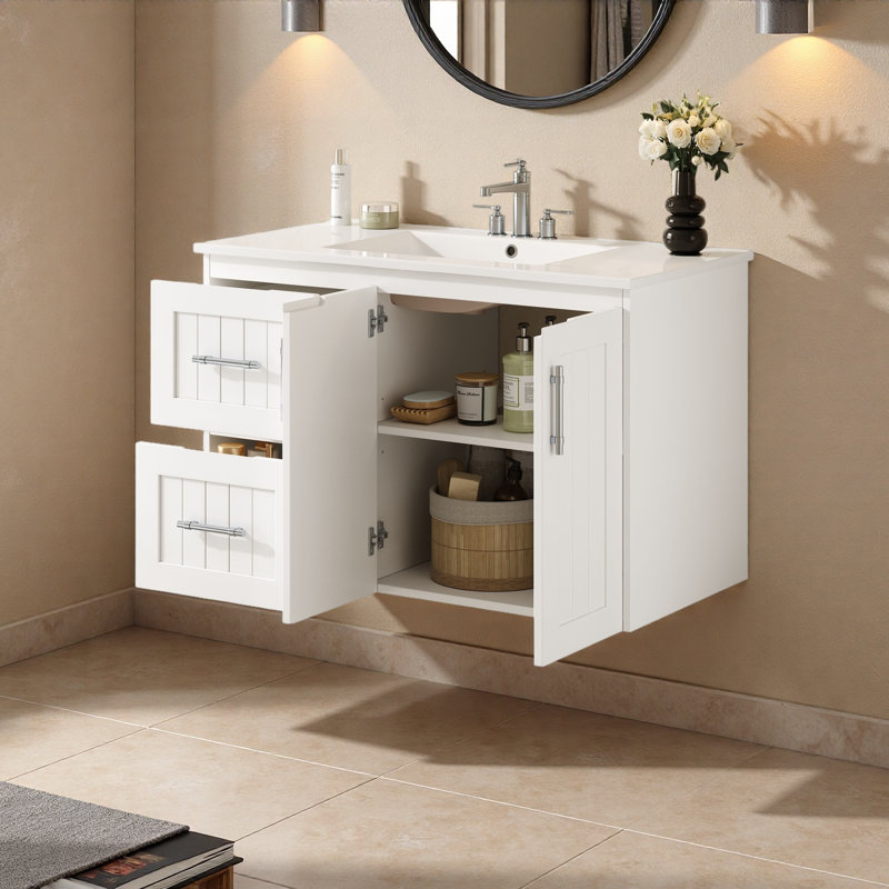 36'' Wall Mounted Bathroom Vanity, Floating Bathroom Storage Cabinet With 2 Drawers, 3 Holes Single Ceramic Sink, Black