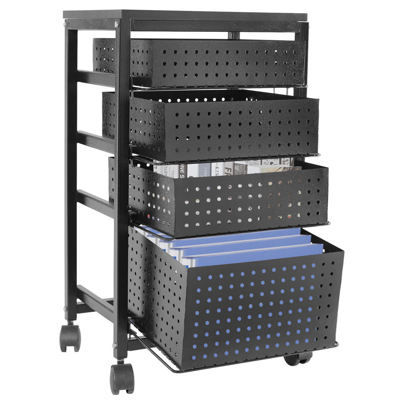 4-Tiermodern Black Rectangle File Storage Drawer Carts Carbon Steel File Storage Organizer On Wheels