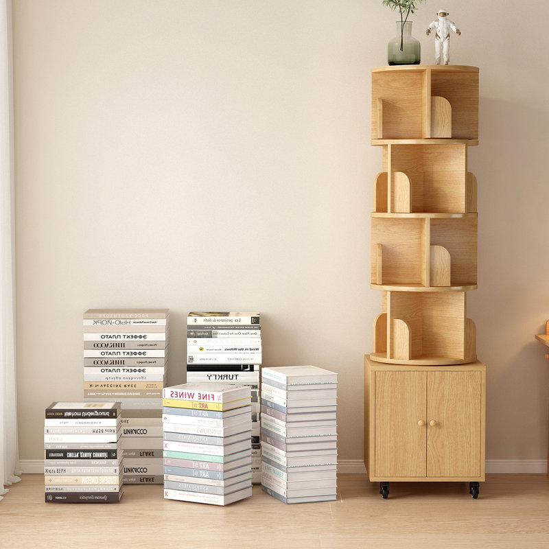 Rotating Bookshelf, 360 Degree Display 5 Tier Corner Bookshelf with Drawer for Small Space