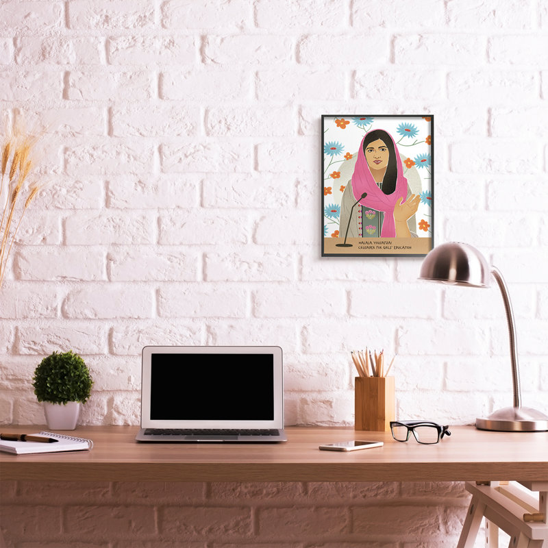 " Malala Speech Over Blue Orange Florals Female Icon ", Midnight Black Framed Giclee, 20" H x 16" W