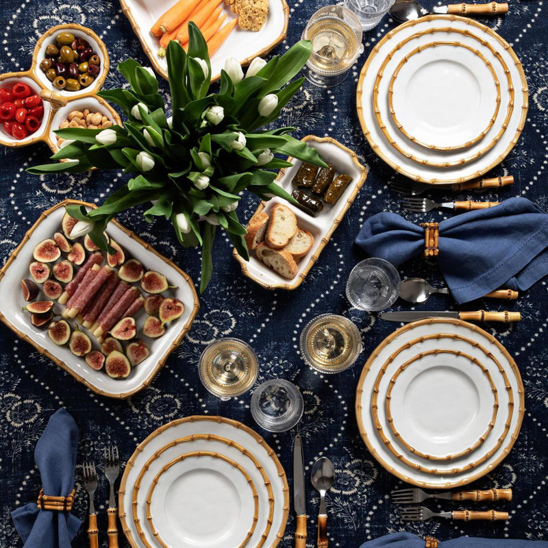 White Ceramic Dinnerware Set with Bamboo Embellishments, Service for 4