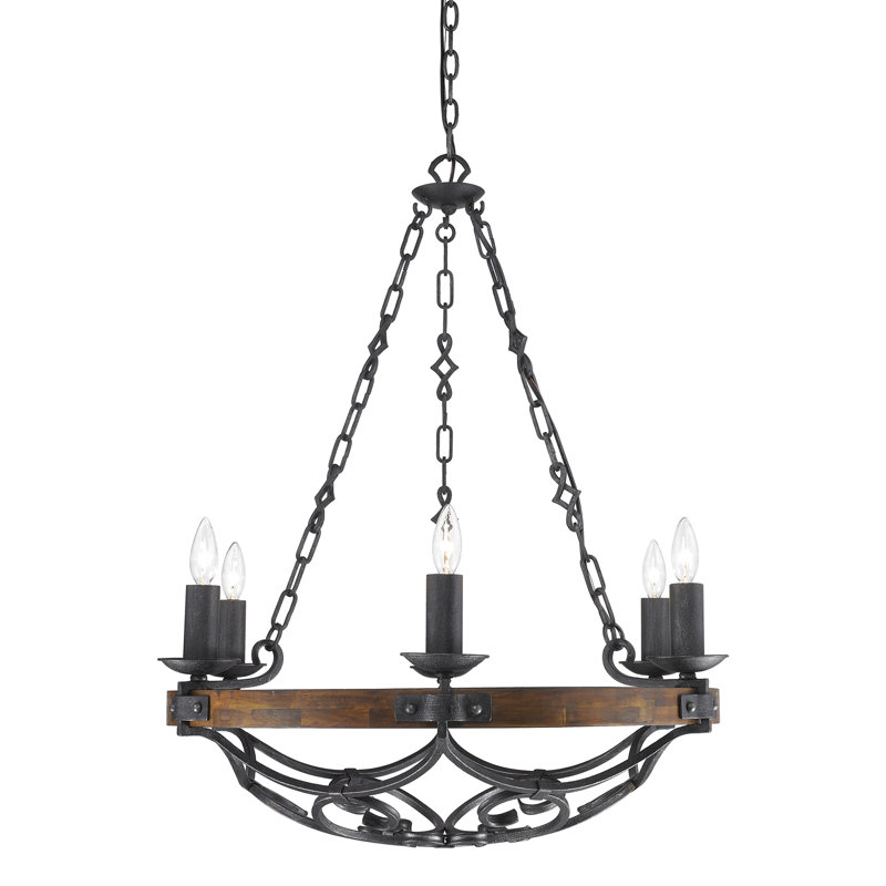 Conyngham 6 - Light Dimmable Round Chandelier, Black Iron, Rustic Oak Wood