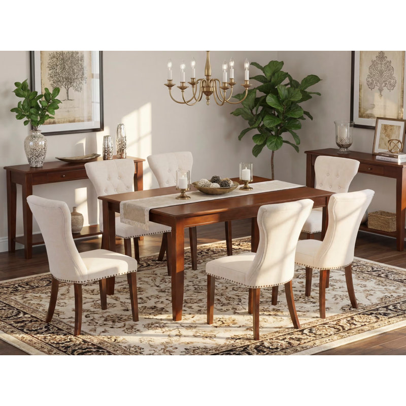 Ensemble de table de salle à manger 7 pièces composé d'une table de cuisine rectangulaire et de 6 chaises de salle à manger Parson en lin beige clair, acajou