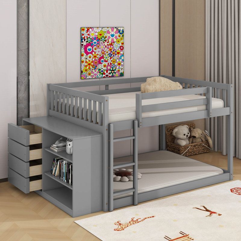Lit superposé double au-dessus de double avec tiroirs et tablettes, Gris