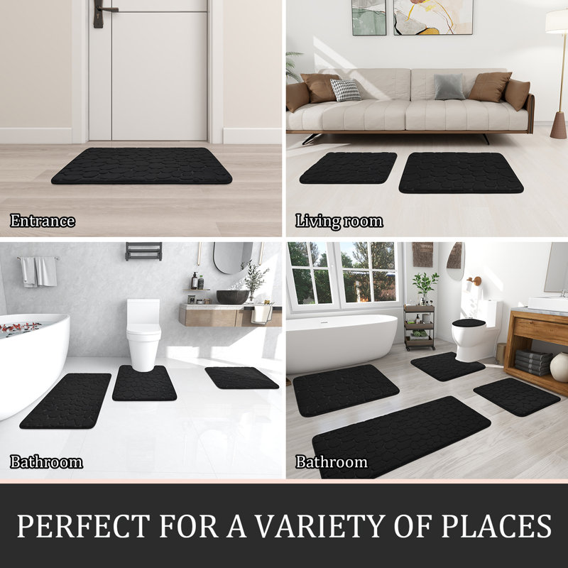 3 Piece Plush Memory Foam Bath Rug Set with Non-Slip Backing and High Absorbency, Black