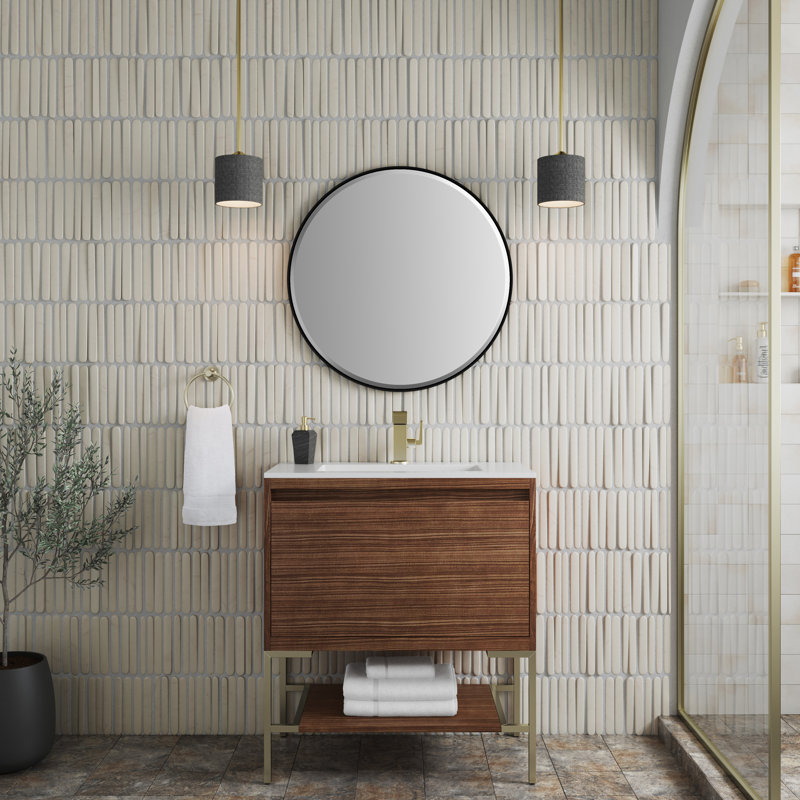 Mantova 31.5'' W Single Vanity, Charcoal Black, Mid Century Walnut/Champagne Brass