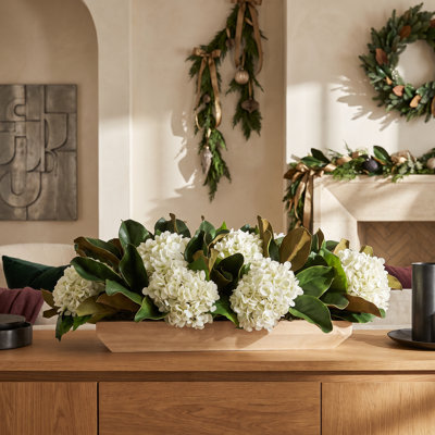 Hydrangeas and Magnolia Leaves in Wooden Planter
