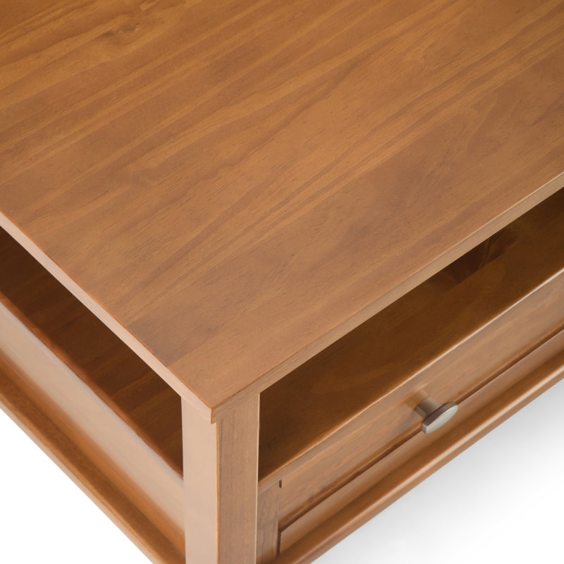 Warm Shaker 36"W Solid Wood Square Coffee Table with Two Drawers and Open Shelf, Light Golden Brown