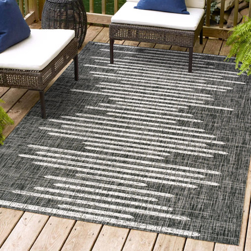 17 Stories Edinburg Berber Stripe Geometric Black/Ivory Indoor/Outdoor ...