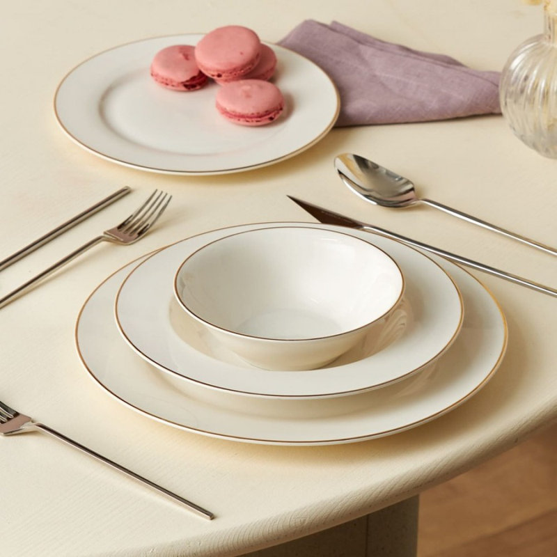 Karaca Rebeca 24-Piece New Generation Bone China Dinner Set for 6 People, White Gold