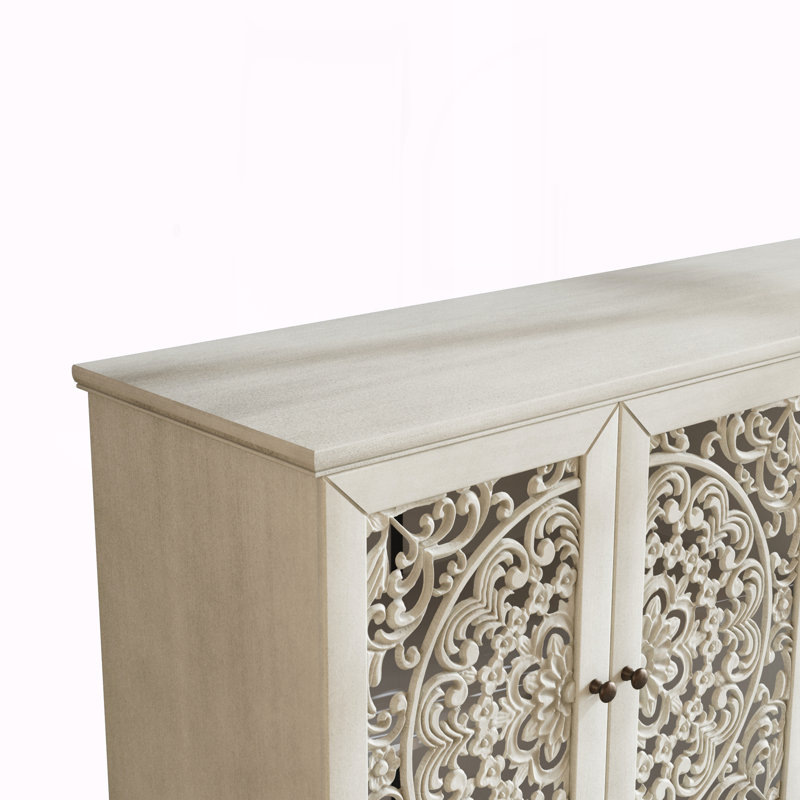 Buffet antique 60 "avec sculptures florales, Blanc / gris antique