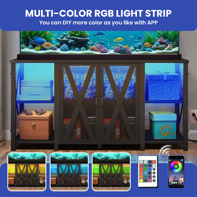Black Heavy-Duty Metal Aquarium Stand with LED Light and Storage