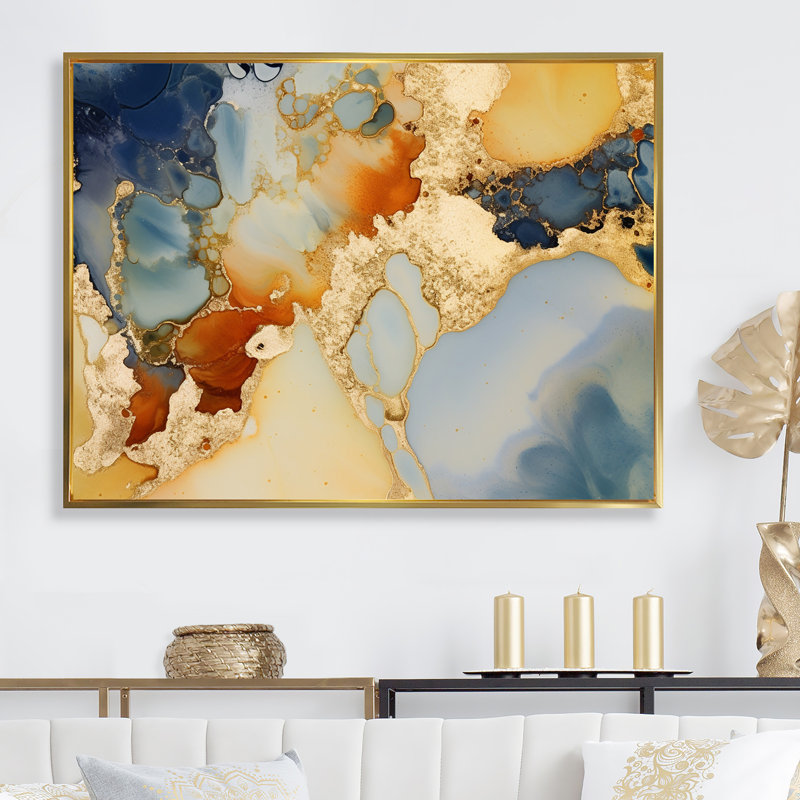 «Brown Luxury Abstract Fluid Art II», impressions sur toile abstraites à encre liquide, Cadre flottant doré