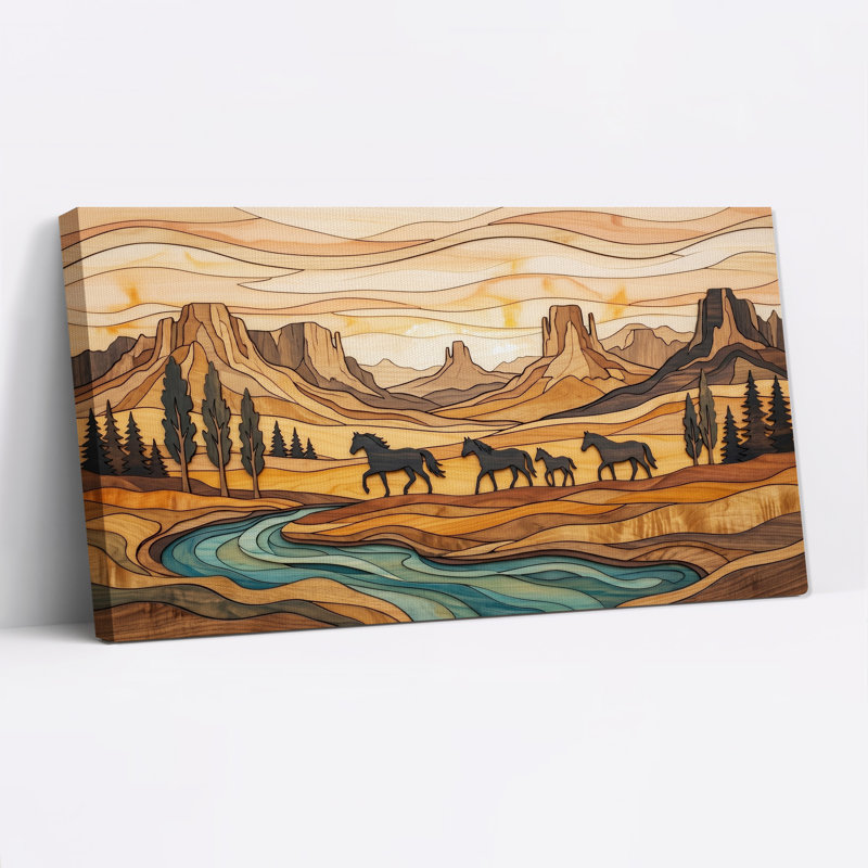 Chevaux marchant près d'une rivière, style sculpture sur bois, tableau sur toile, 32“W x 16”H