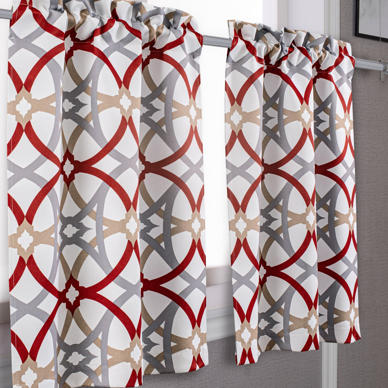 Geometric 3 Pieces Kitchen Curtain Set Tailored 52" Kitchen Curtain, Red, 52” W x 54” L
