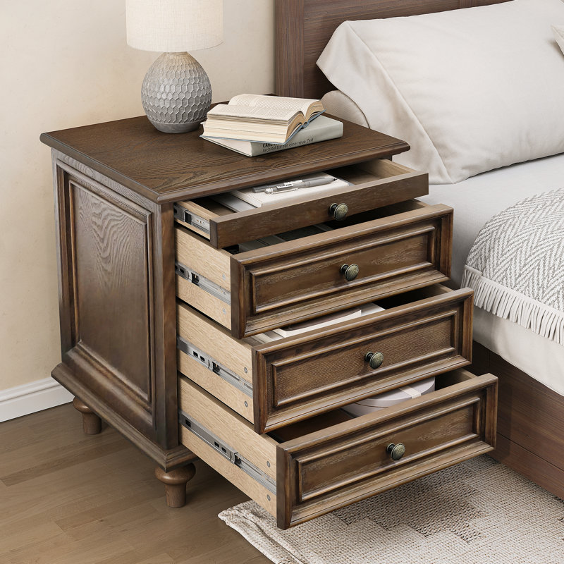 Table de chevet Farmhouse avec 4 tiroirs, table de bout en bois pour la chambre à coucher, Noyer brun, Individuel
