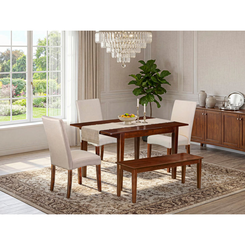 Ensemble de table de salle à manger 5 pièces comprenant une table rectangulaire en bois avec feuille papillon et 2 chaises en tissu crème avec 2 bancs, acajou