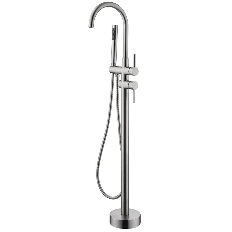 High Flow Freestanding Tub Filler Faucet With Swivel Spout And Handheld Shower In Stainless Steel Floor Mounted 360 Degree Portable Head
