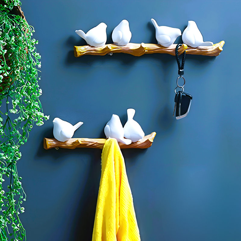 Ruffus Rustic Polyresin Bird & Branch Coat Rack, 4-Hook Design