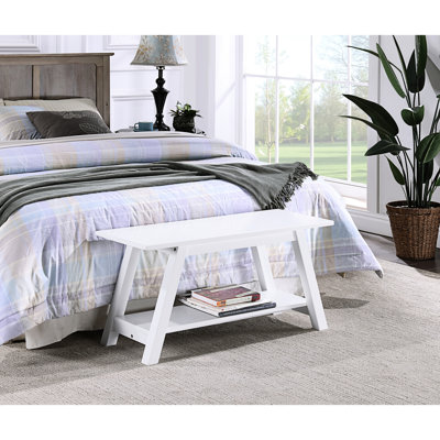 Banc en bois massif de 35,18 po de long avec tablette - blanc, idéal pour la chambre à coucher et le rangement de l'entrée 17,69 po x l 35,18 po x P 14 po