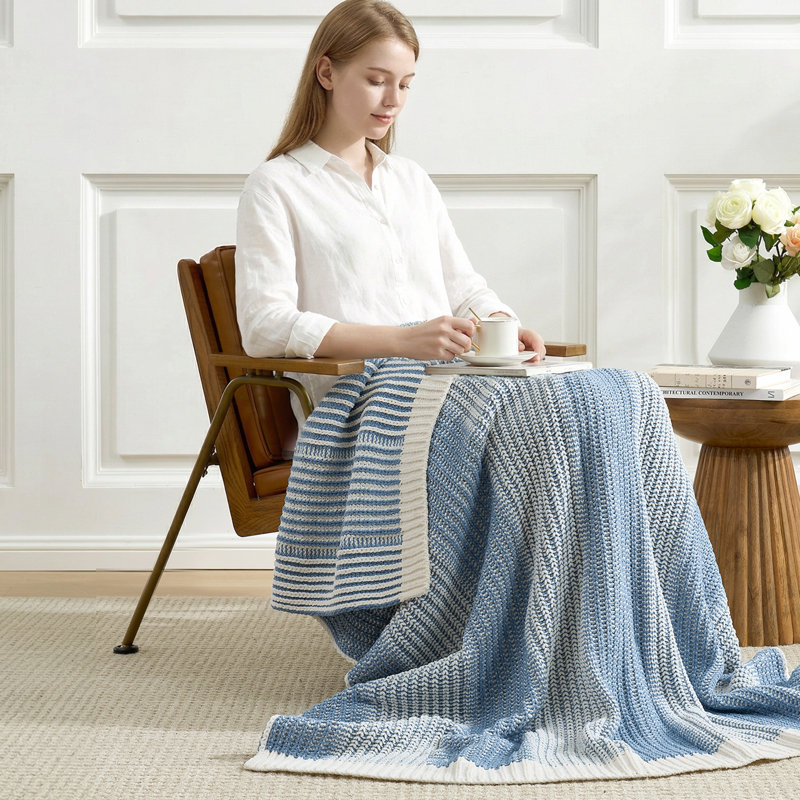 Luxurious Chunky Knit Soft Chenille Two-Tone Throw Blanket, Blue/Ivory Striped