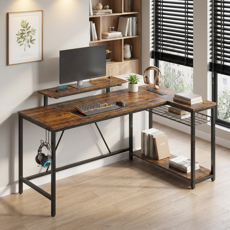 Baford Modular L-Shaped Steel Computer Desk with Built-In Electrical Outlet, 91.4cm H x 147cm W x 80cm D, Rustic Brown/Black