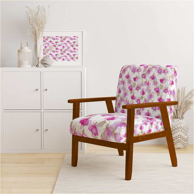 Chaise d'appoint Boho - Fauteuil rose pastel avec pétales fuchsia, Accoudoirs carrés bruns