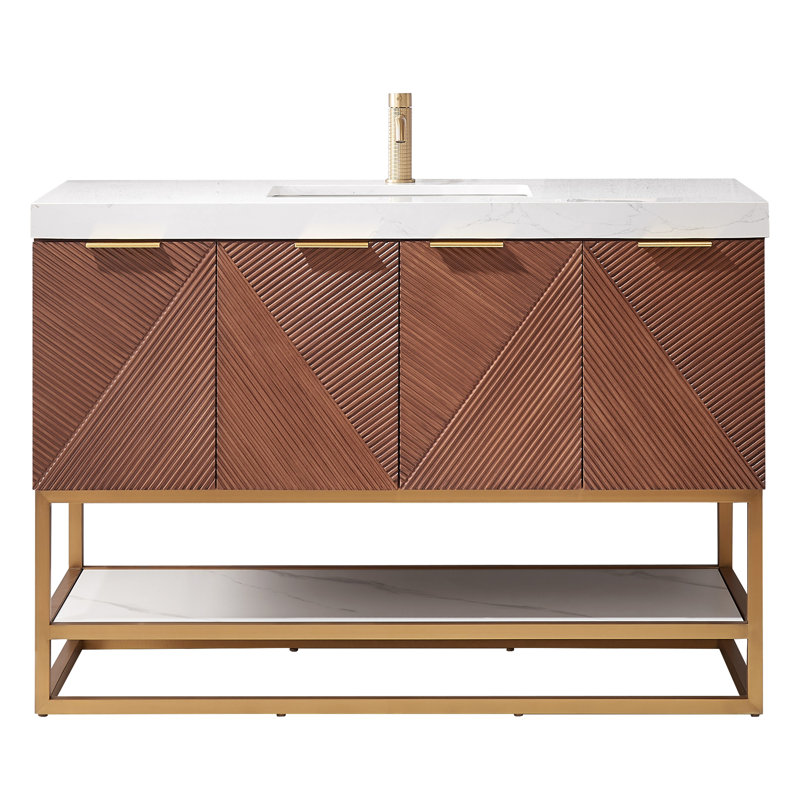 Ensemble de meuble-lavabo simple autoportant avec plateau Mahon 48, Or brossé, Or