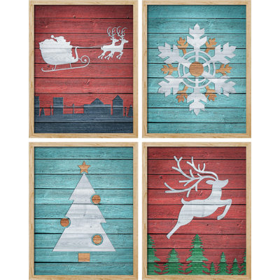 «Red and Teal Winter Christmas Tree Snowflakes», impression encadrée sur papier, 4 pièces