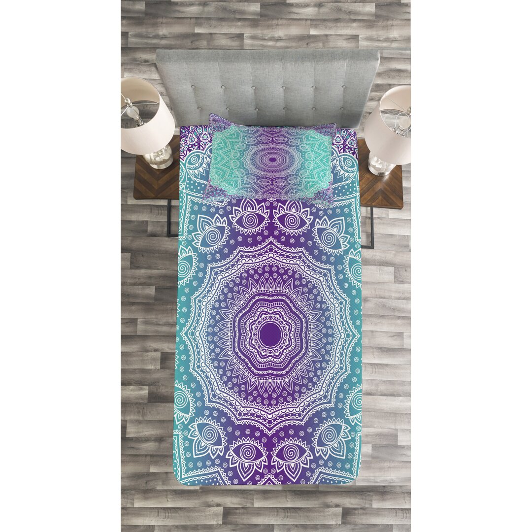 Gestepptes Bettdecken-Set, Aufwändige Hippie, Mandala, Aqua Lila