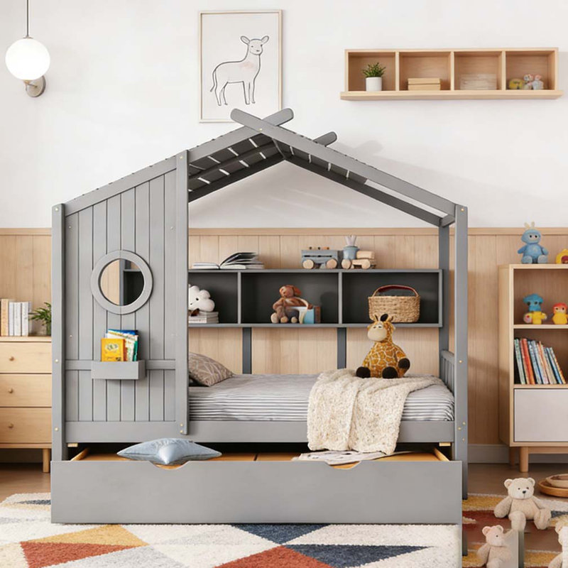 Lit en bois avec couchette, Gris, Lit double