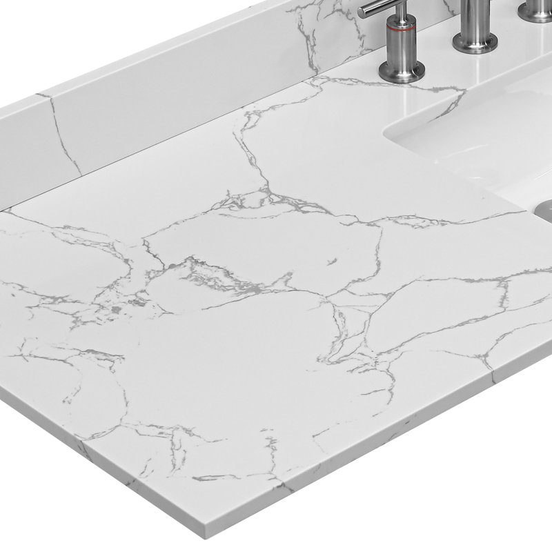61 po x 22 po. Comptoir de salle de bain en pierre blanc avec éclairage encastré en céramique et 3 trous de robinet avec dosseret