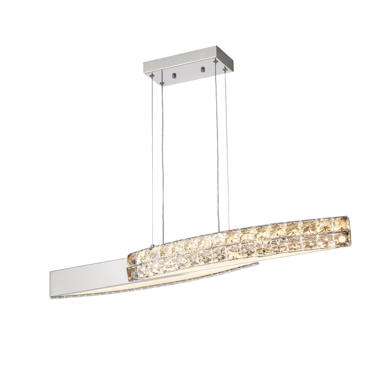 Luminaire suspendu linéaire en cristal 36 po, îlot en acier inoxydable chromé