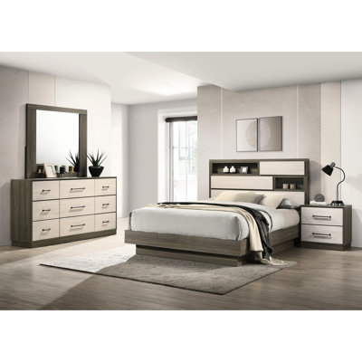Grand lit 4 pièces en chêne gris avec lit, table de chevet, commode et miroir, rehaussant l'attrait visuel de la chambre à coucher