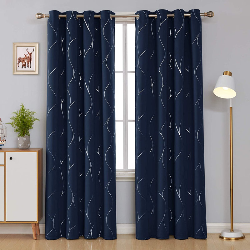 Kellda Thermal Room Darkening Polyester Curtain Panels, Navy Blue, 52" W x 96" L