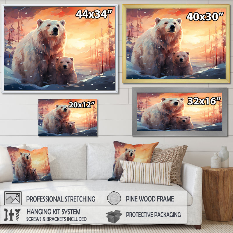 Famille d'ours polaire Starlit en hiver II - ours 2, art mural, Cadre flottant blanc, H 16 po x l 32 po x P 1 po