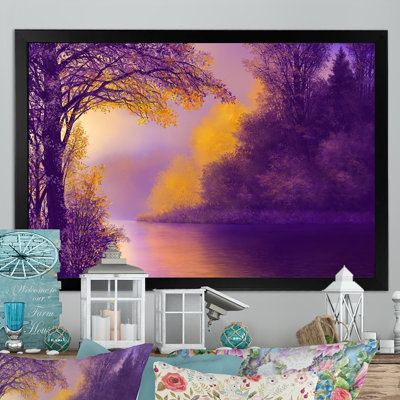 Forêt d'automne mauve sur un lac - Photographie sur toile