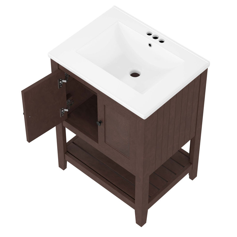 Lavabo de salle de bain moderne élégant en céramique 24 po avec tablette ouverte en bois massif, Noir, Brun