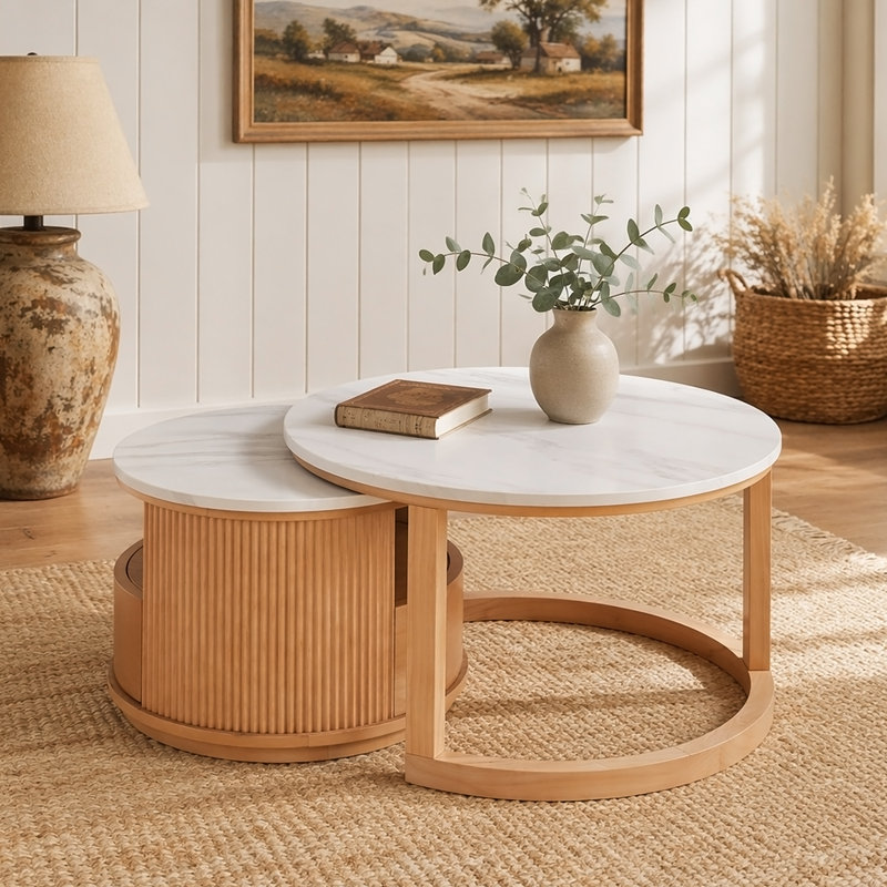 Élégante table basse gigogne avec plateau en marbre, rangement à deux niveaux et tiroir, idéale pour les espaces de vie organisés et élégants