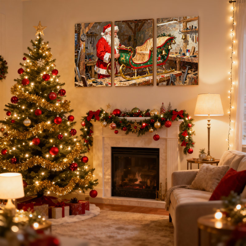 Ensemble de 3 impressions sur toile de Noël, atelier de père Noël, traîneau, artisanat, scène de Noël, H 18 po x l 36 po